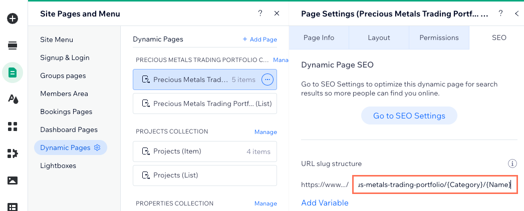 A screenshot of modifying the URL slug structure of a dynamic item page.