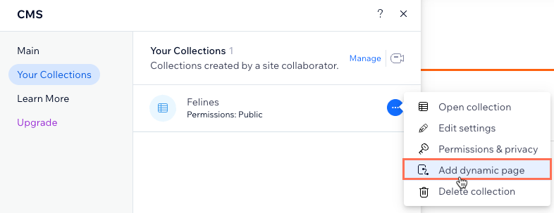 A screenshot of adding a dynamic page for a collection.