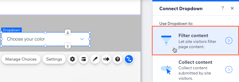 A screenshot of selecting the Filter content option when connecting an input element to the CMS.