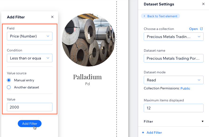 Une capture d'écran de l'ajout d'un filtre à un dataset dans l'Éditeur Wix.