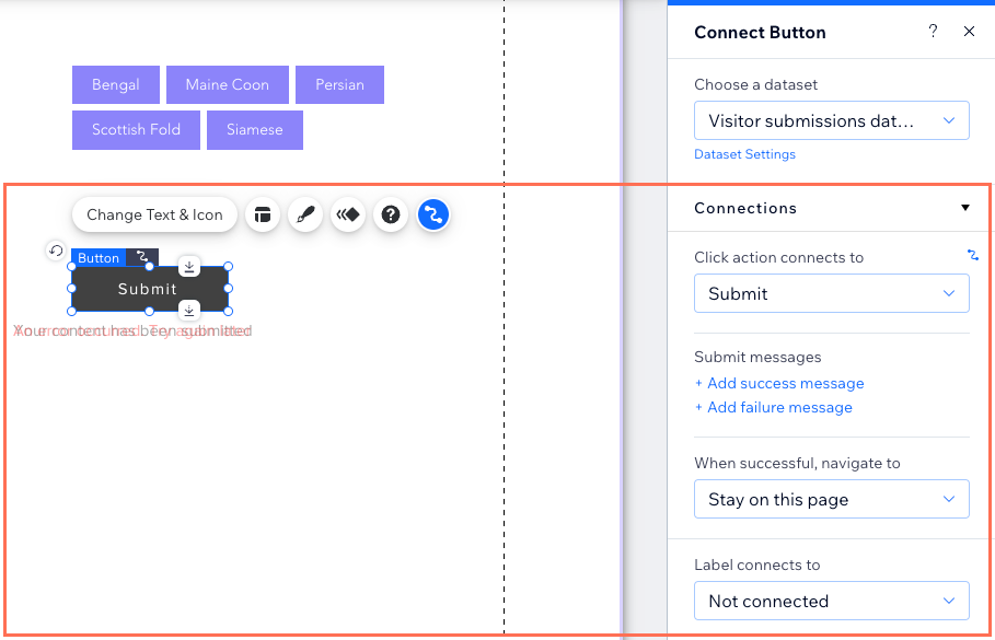 A screenshot of a Submit button connected to the dataset where submissions are stored.