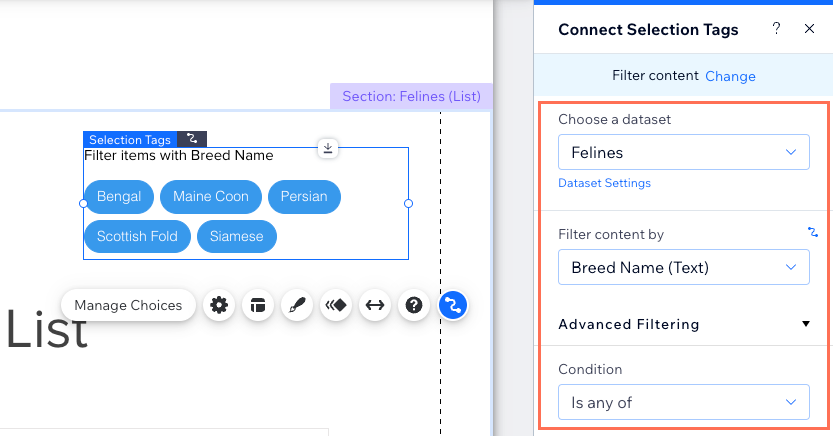 A screenshot of the Connect Selection Tags panel where you connect to the CMS.