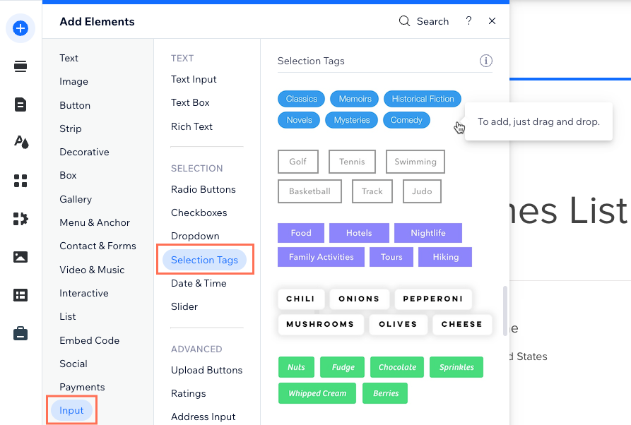 Screenshot dell'aggiunta dell'elemento di input Tag di selezione nell'Editor Wix