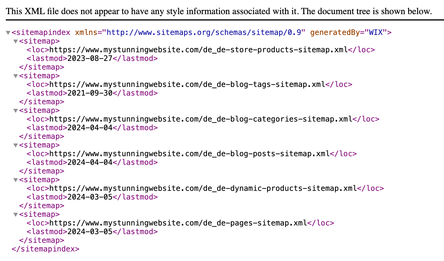 Un ejemplo de un sitemap en alemán en un sitio de Wix Stores.