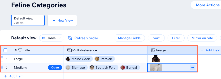 Uma captura de tela de uma coleção de categorias com campos de múltiplas referências.