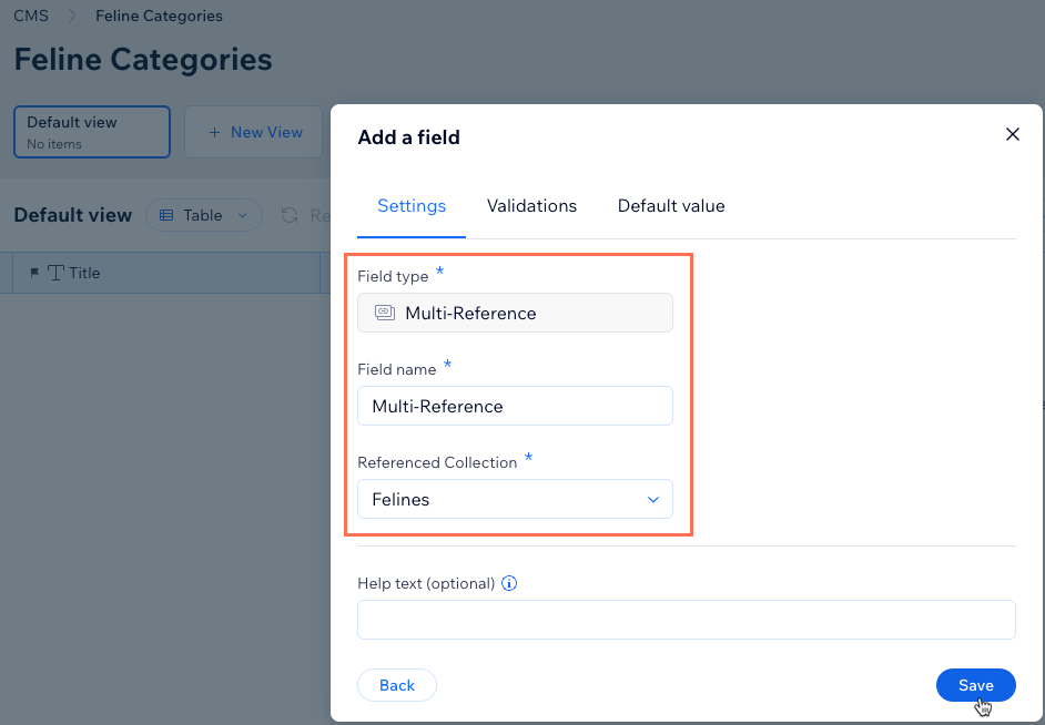 A screenshot of adding a Multi-Reference field in a Category collection.