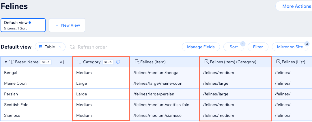 A screenshot of a collection with Page Link fields and a Category field used in the slug.