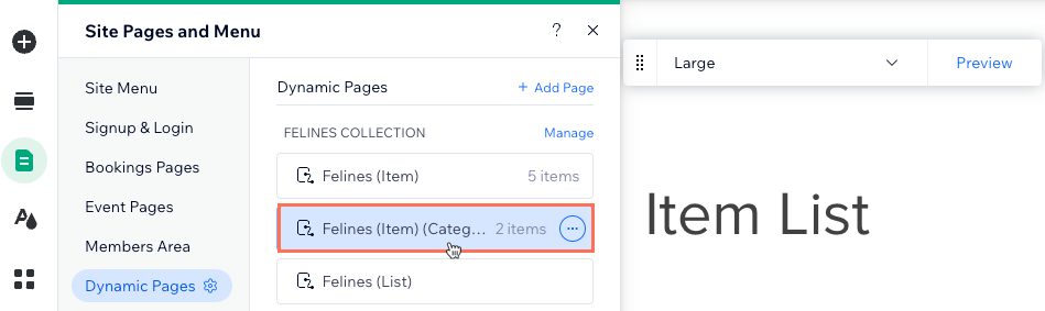 Capture d'écran de la sélection de la page de catégorie dynamique dans l'Éditeur Wix.