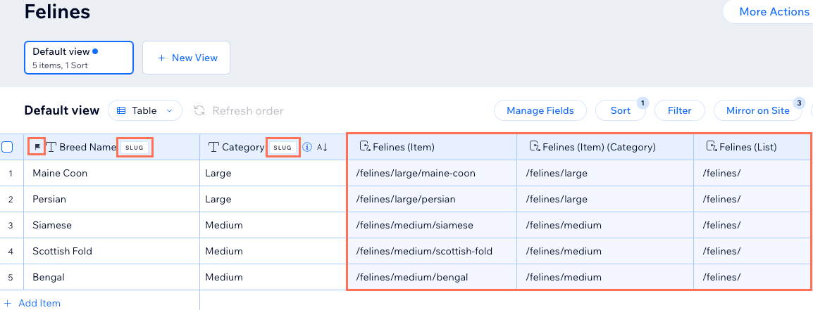 Screenshot showing the Page Link fields, the primary field, and fields used in the slug.