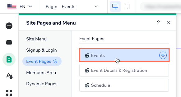 A screenshot of selecting the Events page in the Wix Editor.