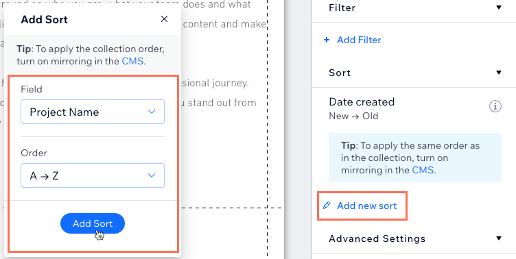Screenshot of adding a dataset sort.