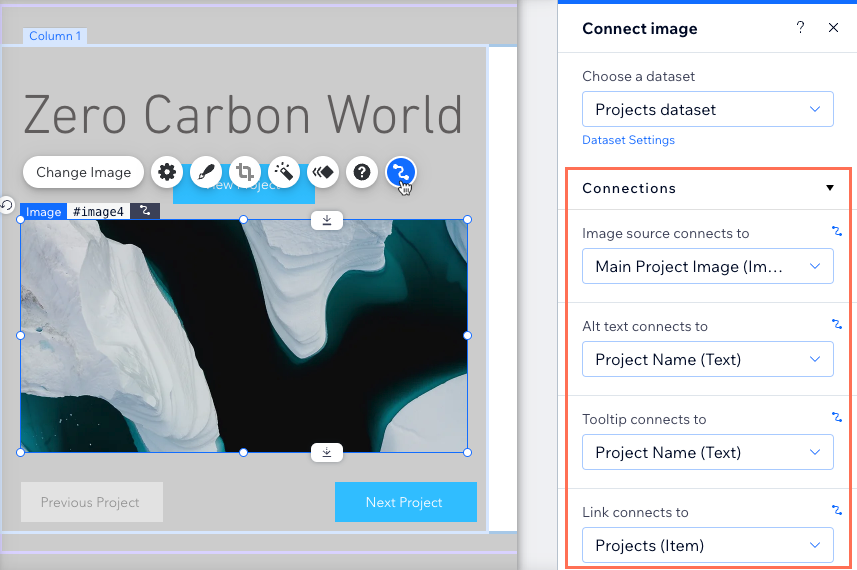 Une capture d'écran des options de connexion d'un dataset pour une image.