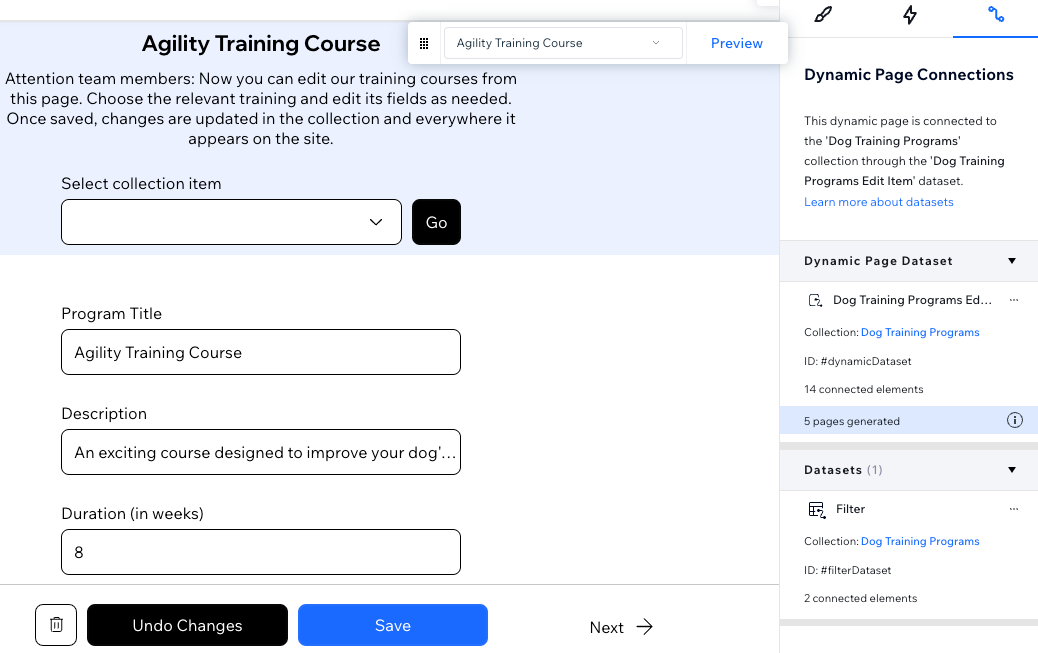 Screenshot che mostra i dataset che si collegano agli elementi di input nella pagina