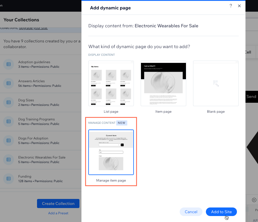 Capture d'écran de la sélection de la page dynamique pour la gestion de contenu.