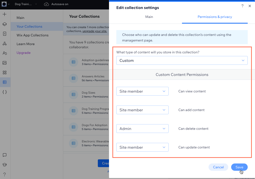 Capture d'écran de la modification des autorisations d'une collection.