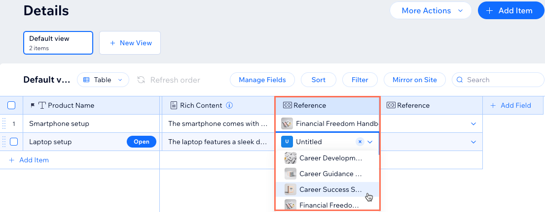 Screenshot of selecting the corresponding products in the Details collection reference field.