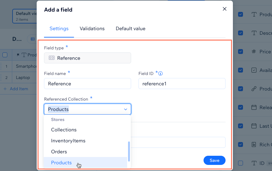 Screenshot of creating a reference field in a 'Details' CMS collection that references the Products Stores Wix app collection