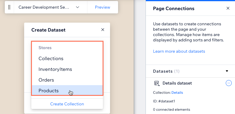 Screenshot of creating a dataset that connects to the Stores Wix app collection.