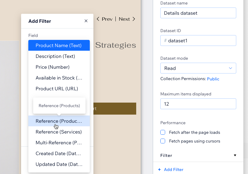 Screenshot of adding a reference filter to your 'Details' dataset.