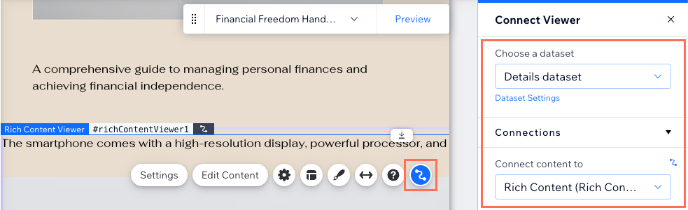Screenshot of connecting a Rich Content element to the Rich Content field.