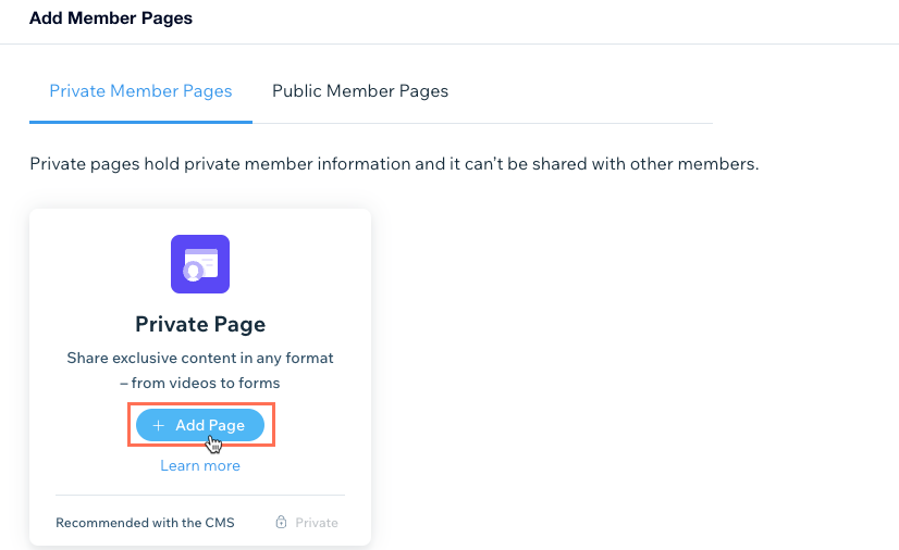 Screenshot of adding a Private Member Page.