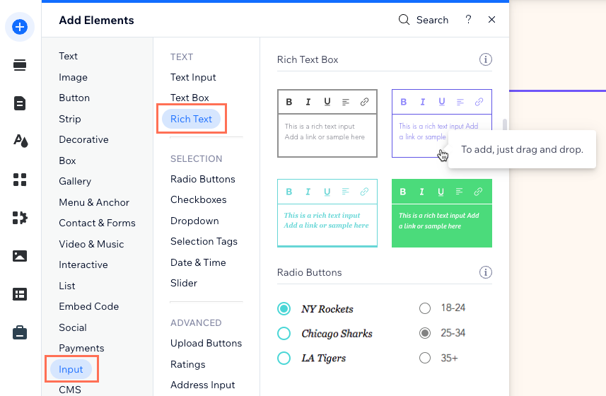 Screenshot of adding the rich text element in the Wix Editor.