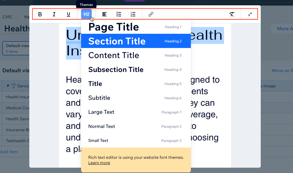 Capture d'écran du choix d'un style de titre ou de paragraphe différent dans l'Éditeur de texte enrichi.