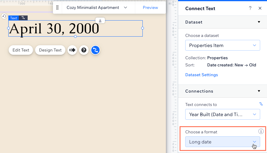 Screenshot of setting the format for displaying a Date and Time CMS collection field.