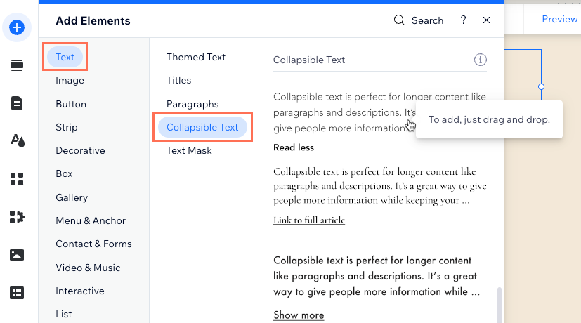 Screenshot of adding a collapsible text element.