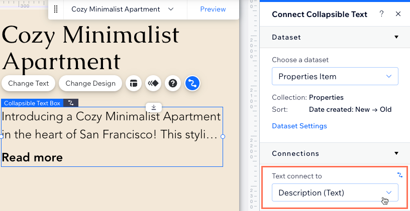 Screenshot of connecting collapsible text to a collection field.