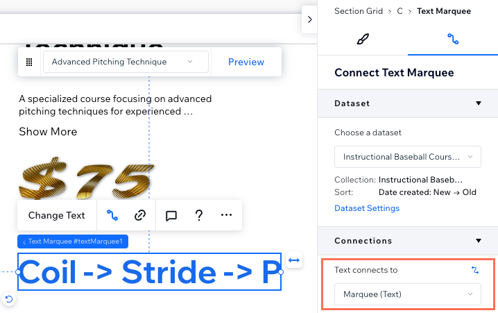 Screenshot of connecting a Text Marquee to a CMS collection field.