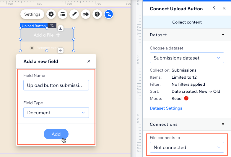 Screenshot of adding a field that connects to the upload button.