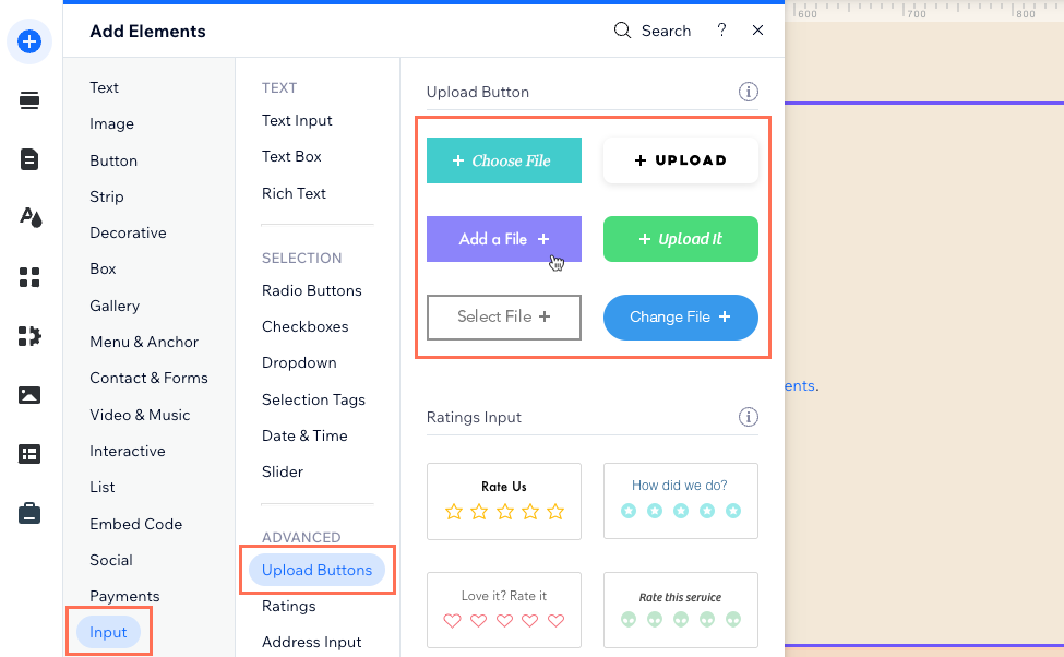 Screenshot van het toevoegen van een uploadknop in de Wix Editor.