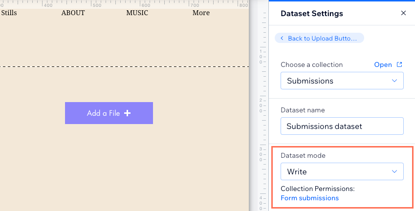 Screenshot of the dataset mode and collection permissions settings.