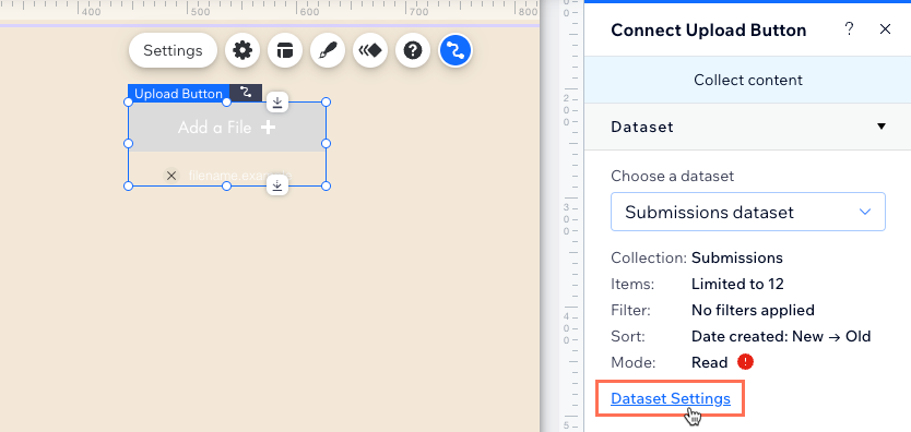 Screenshot of clicking the dataset settings in the Wix Editor.