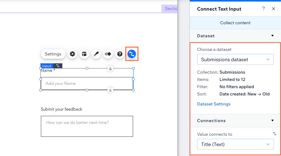 Captura de tela de uma entrada de texto conectada ao CMS.