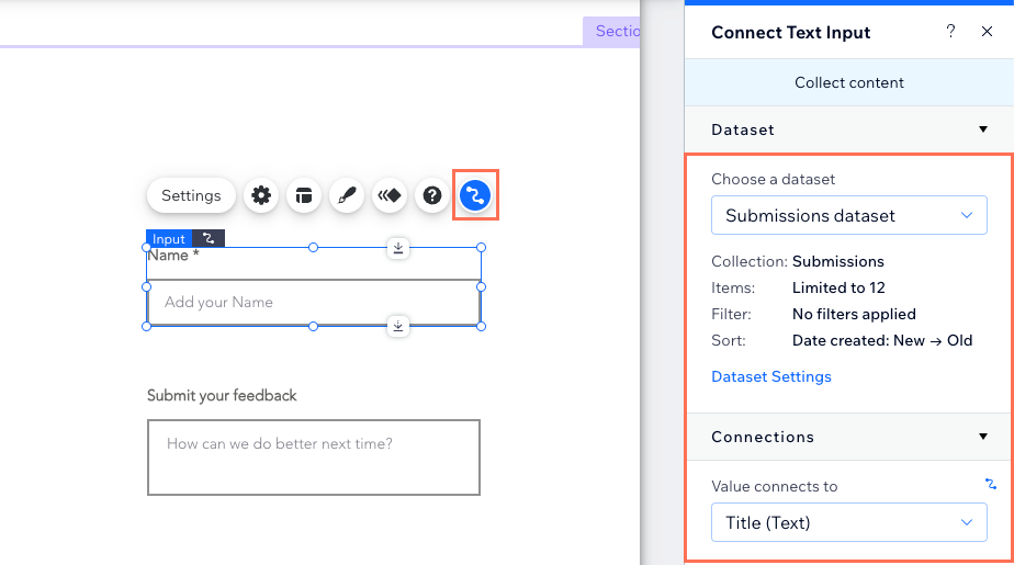 Capture d'écran d'une saisie de texte connectée au CMS.