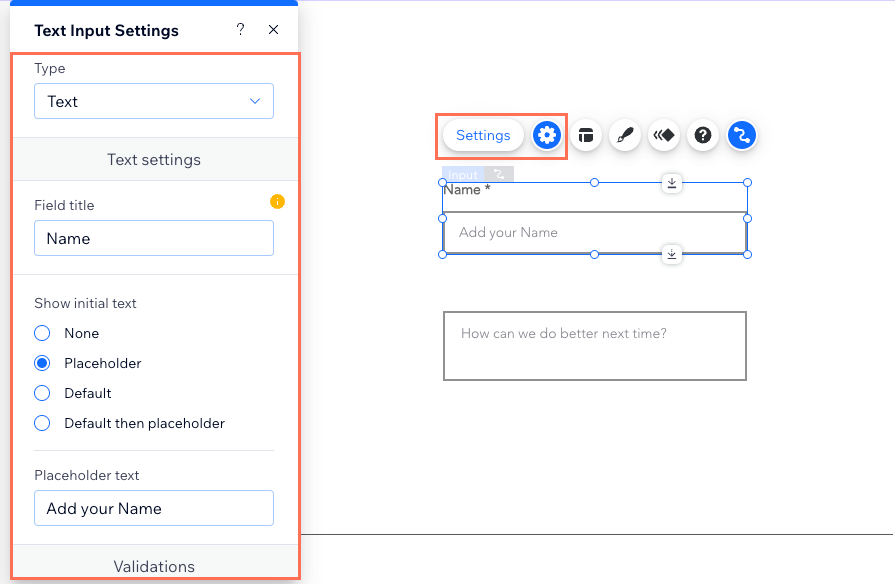 Screenshot of editing the settings of a text input element.