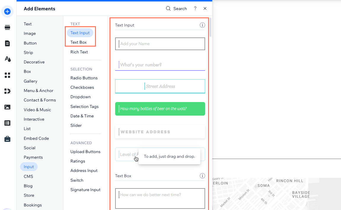 Captura de tela do elemento de entrada de texto sendo adicionado no Editor Wix.