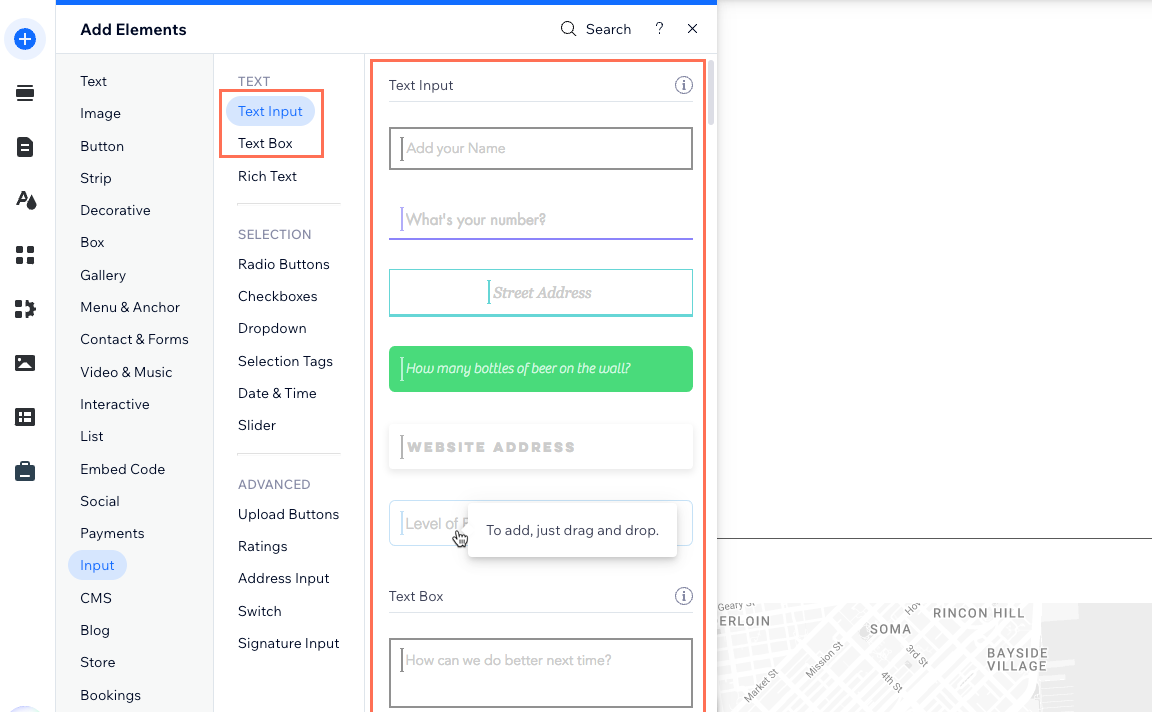 Screenshot of adding a text input element in the Wix Editor.