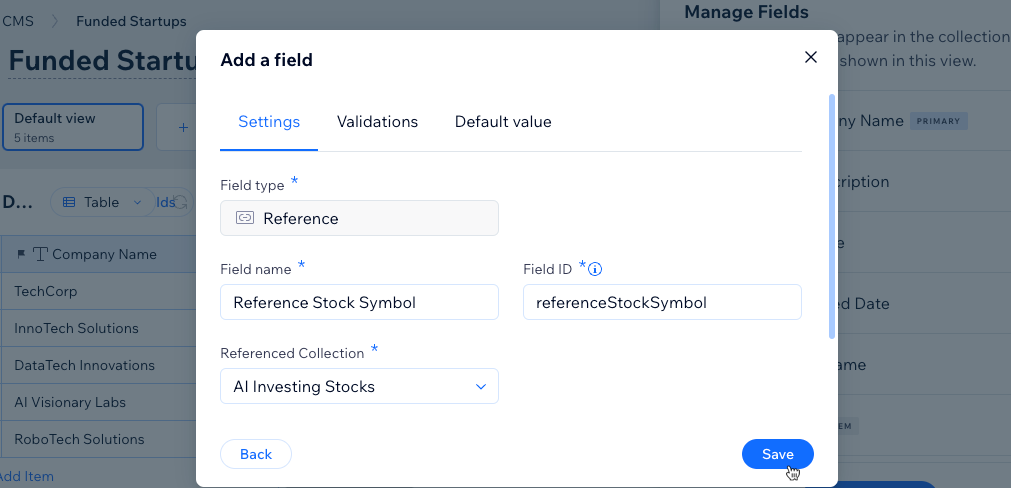 Screenshot of adding a reference field in the main collection.