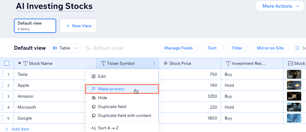 Screenshot of setting a field as the primary field.