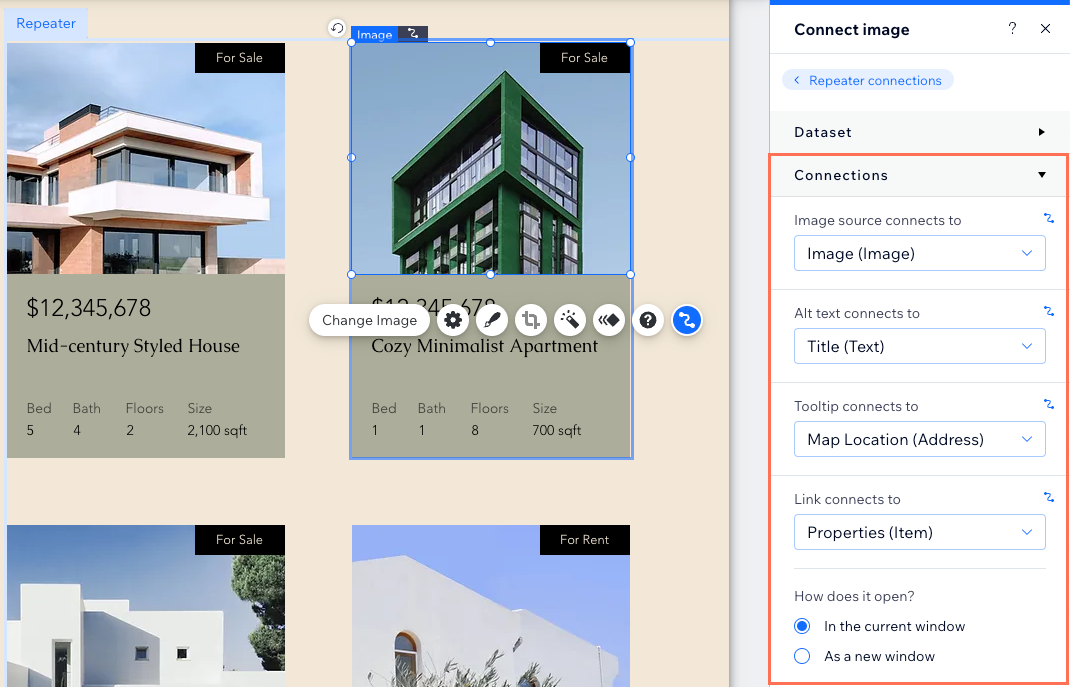 Capture d'écran de la connexion d'images dans un répéteur au système de gestion de contenu (CMS).