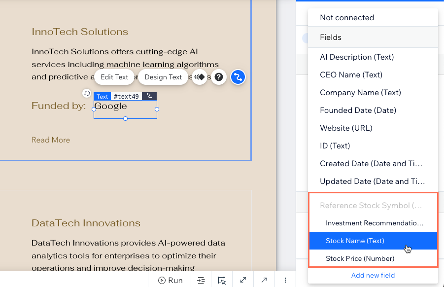 Screenshot of connecting fields from a referenced collection.