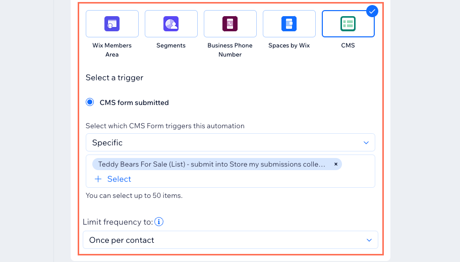 Captura de pantalla que muestra la configuración de un disparador de CMS en Automatizaciones de Wix.