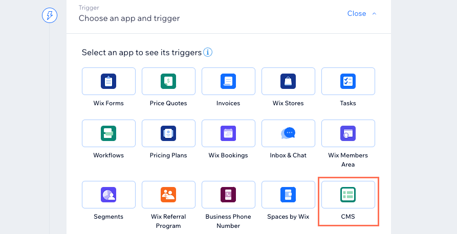 Screenshot of the CMS trigger in Wix Automations.