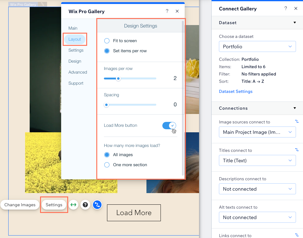 Screenshot of enabling the Pro Gallery's built-in Load More button settings.