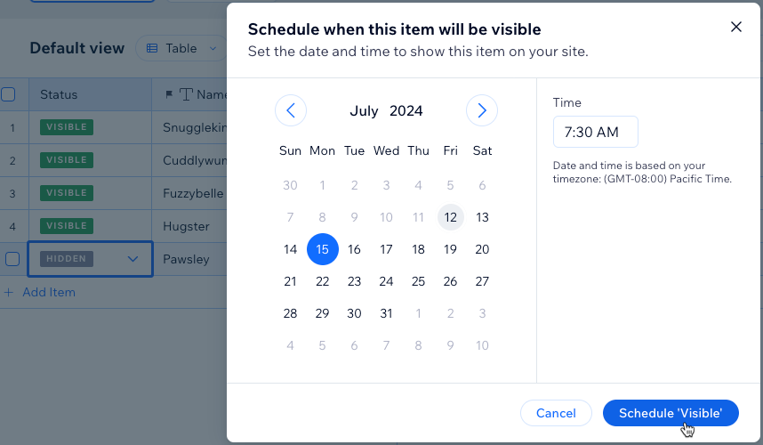 Screenshot of scheduling an item to be visible in the future.