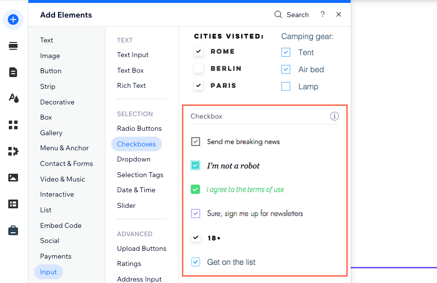 Screenshot of adding a single Checkbox input element in the Wix Editor.