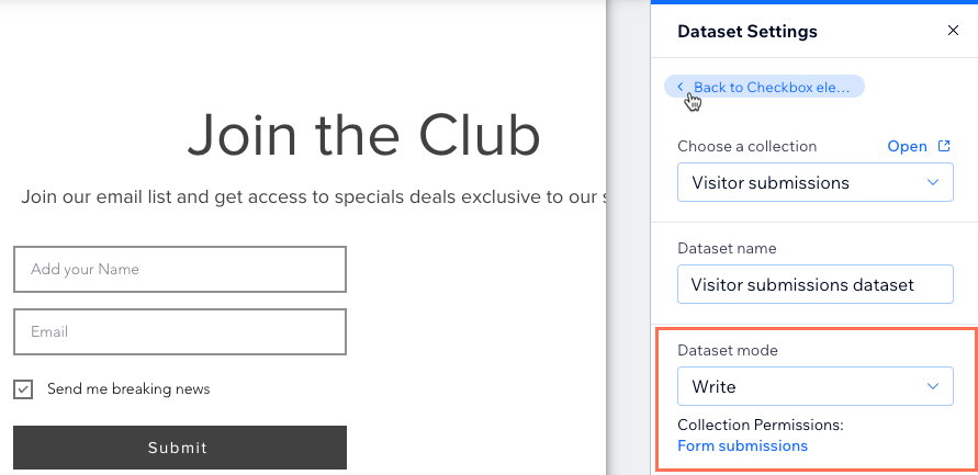 Screenshot van het instellen van de verzamelingsmachtigingen en dataset-modus in de Wix Editor.